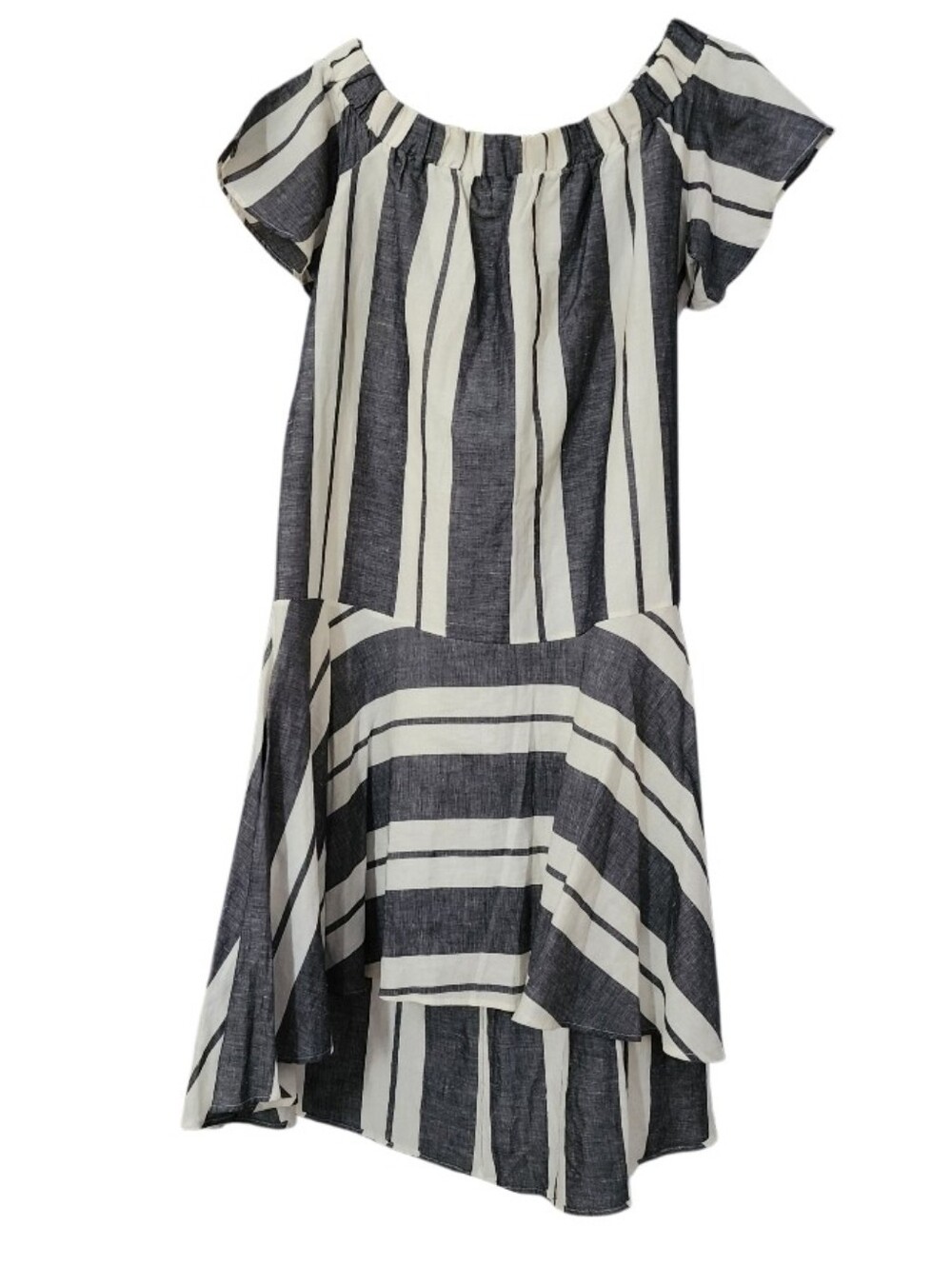 Dark Grey & White Striped Off-Shoulder Dress